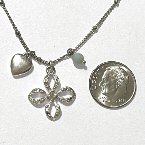 Fossil Necklace Silver Tone Flower Pendant Heart Bead Charm Boho Chic Jewelry - Picture 3 of 8